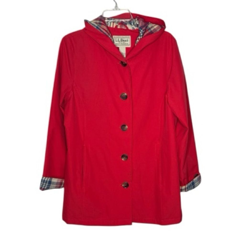 L.L. Bean Women's Red/Coral Hooded Plaid Lined Jacket. Size Medium.
